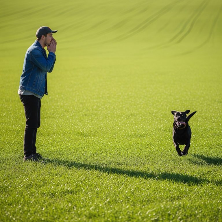 Mann ruft Hund auf Wiese